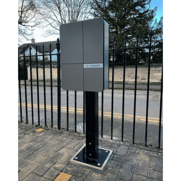 EV Block Mini full installed with the EV-Tower Pedestal and AC Charger attached. EV Charger Pedestal Installation Base. - EV Charger Installation Base